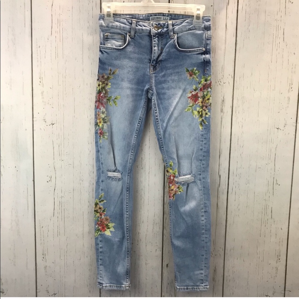 Zara Basic Z1975 Distressed Floral Denim Jeans